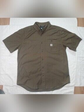 CARHARTT Heavy Canvas Collared Green/Brown Work Chore Shirt - Men's XL